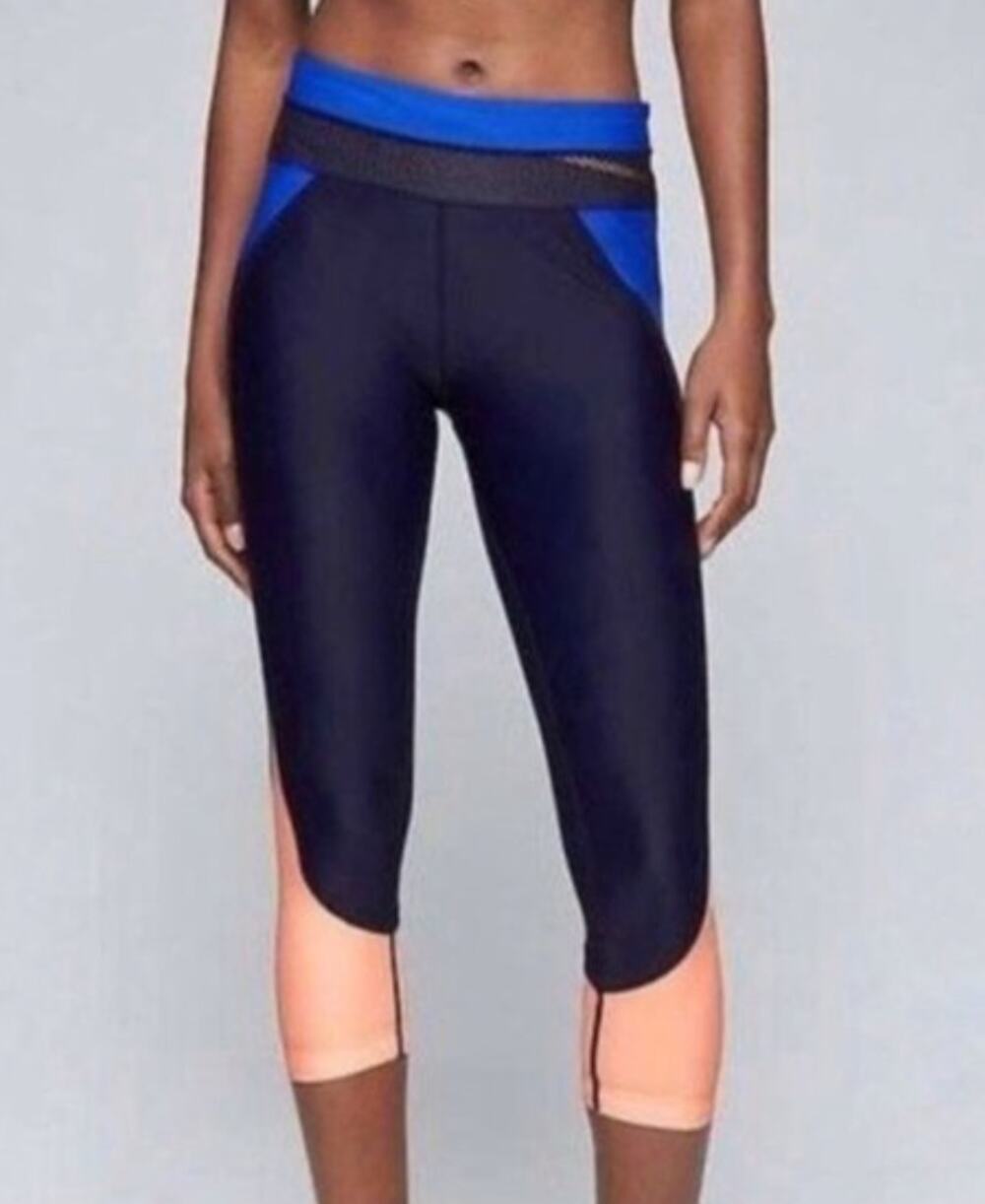 Athleta Medium Trissential Crop Leggings Triathlon Workout Colorblock Blue/Peach
